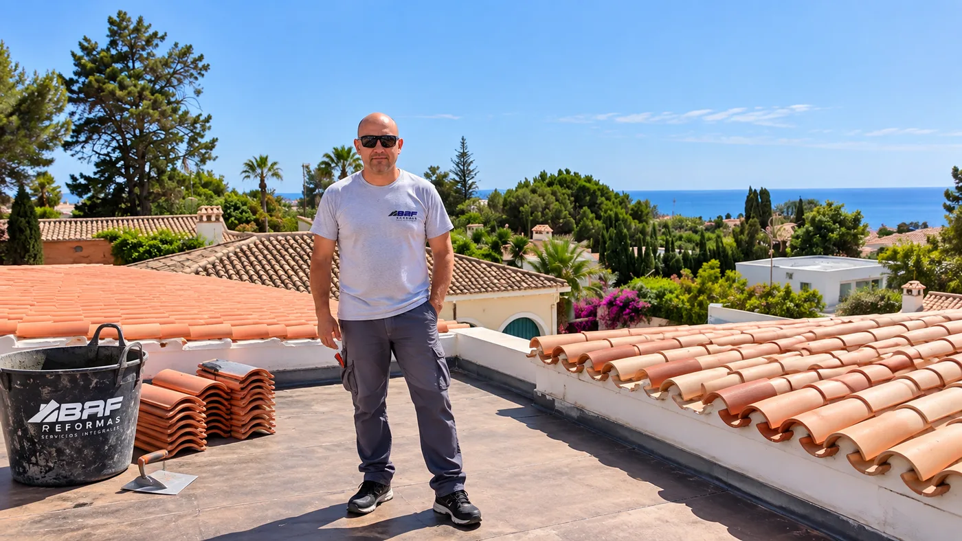 Trabajador de BAF Reformas en un tejado de la Costa del Sol