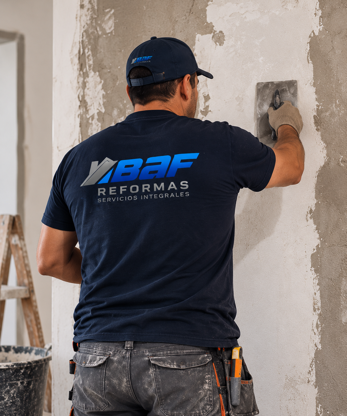 Profesional de BAF Reformas alisando una pared durante una reforma integral