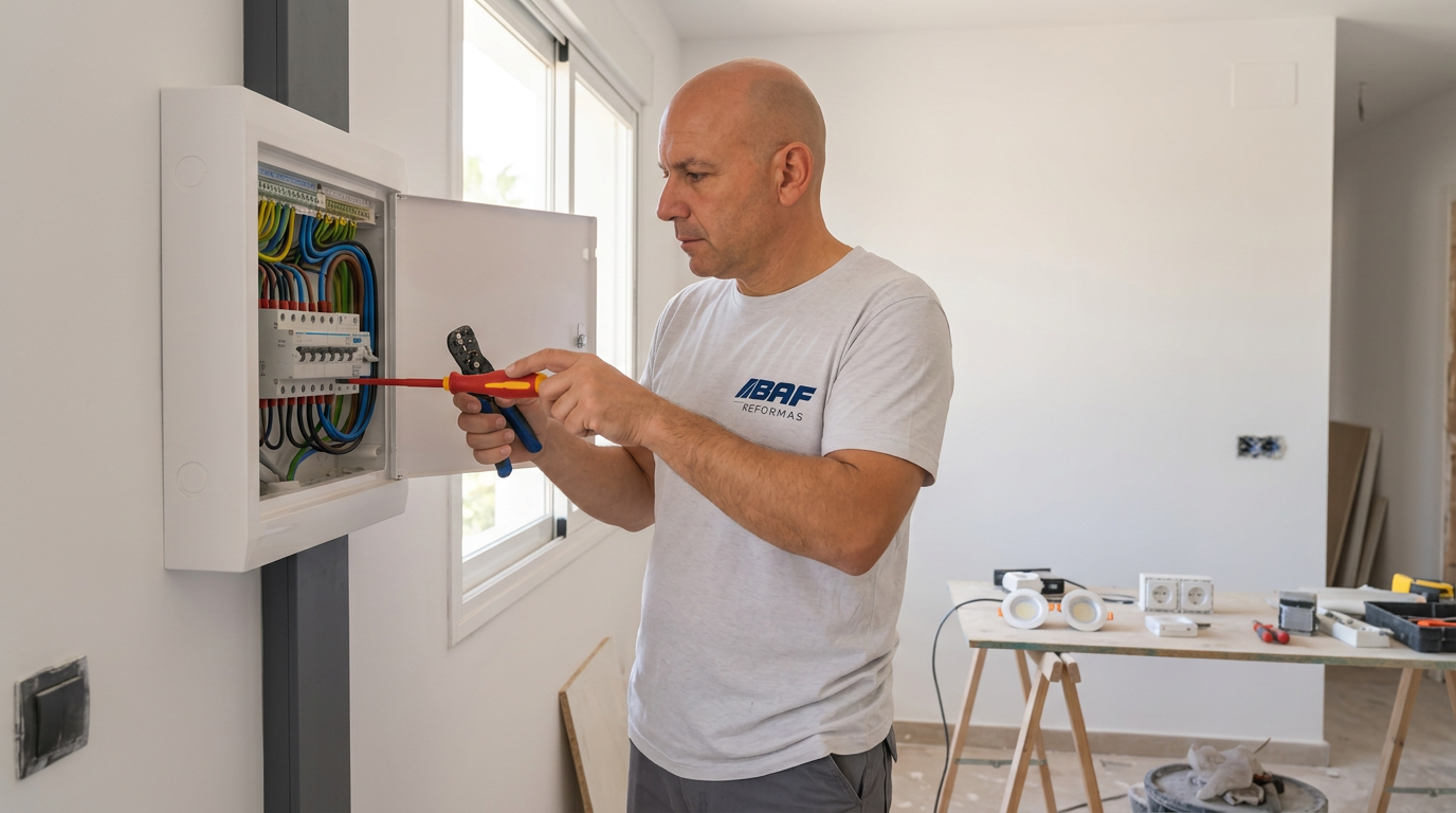 Electricista de BAF Reformas trabajando en un cuadro eléctrico