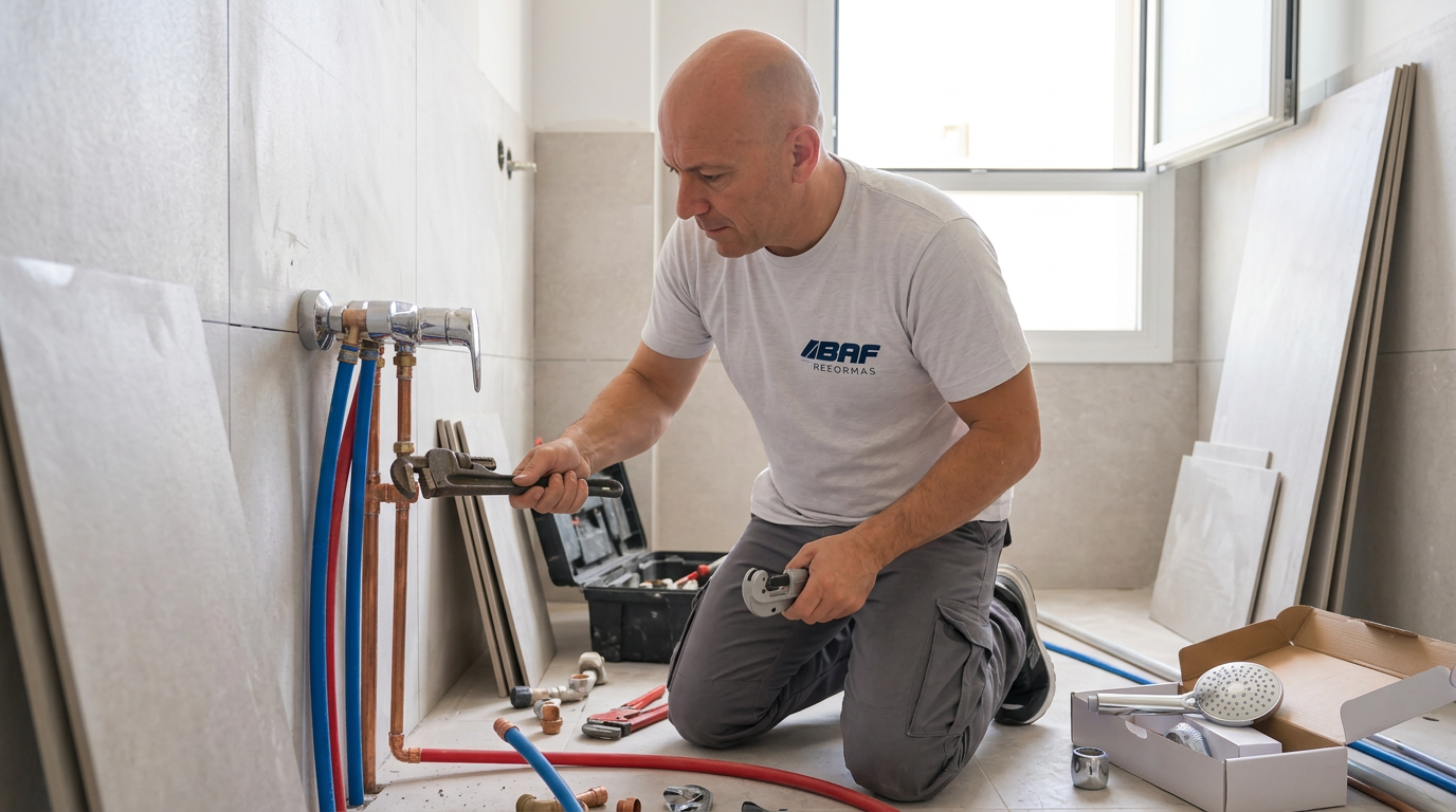 Fontanero de BAF Reformas instalando tuberías en un baño
